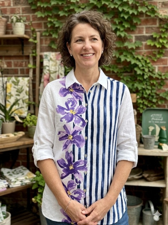 Chico's Tops - Chico’s Button-Down Linen Shirt with Purple Floral & Navy Stripe Roll Tab Sleeve